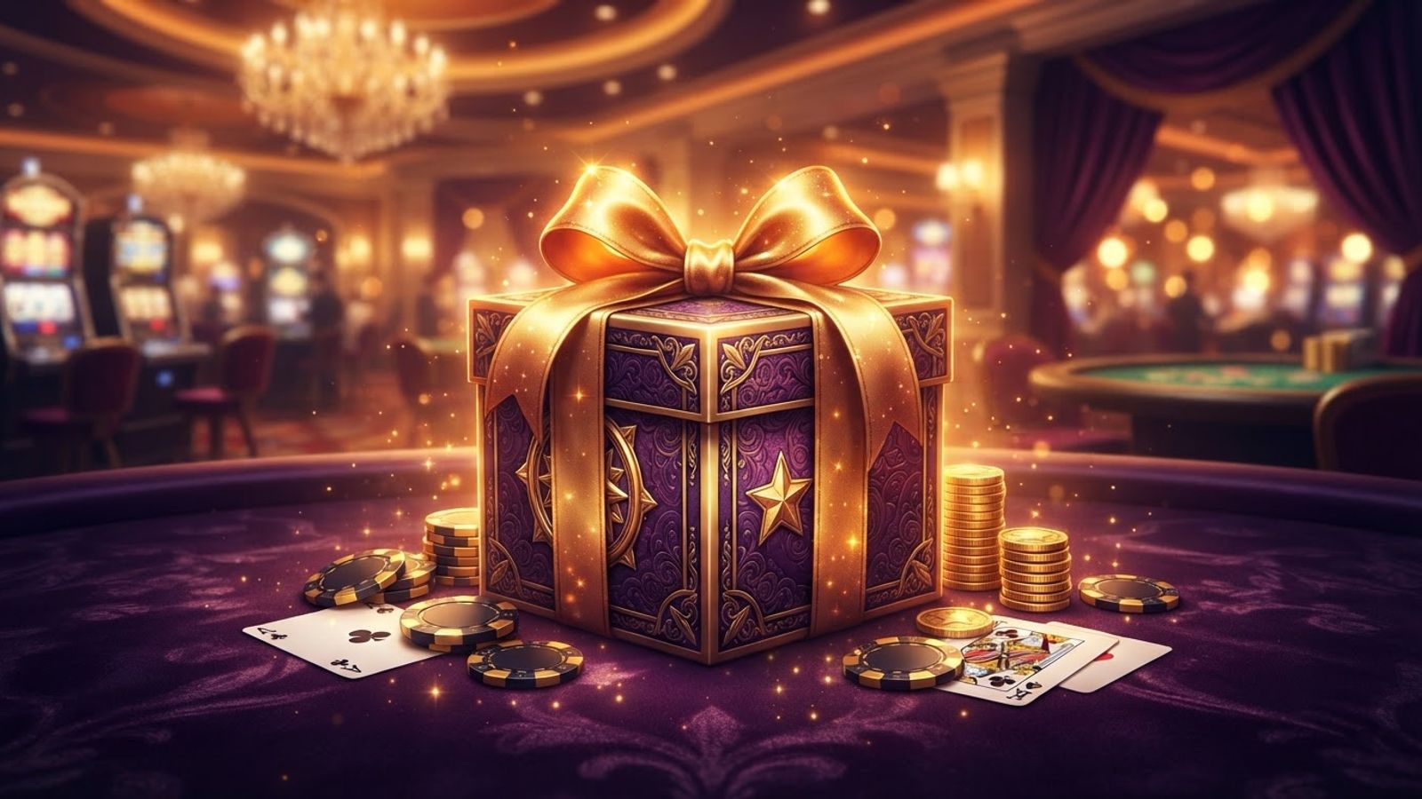 Cadeau doré avec ruban sur fond violet sombre